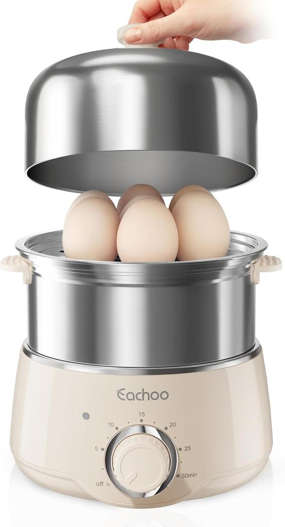 Hard Boiled Egg Cooker - CACHOO 14-Egg Rapid Stainless Steel Egg Boiler with 30-Min Timer & Auto Shut Off, Compact Electric Vegetable Steamer for Cooking, Dishwasher Safe, Beige (2-Tier)