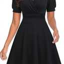 Women's Summer Casual Dress Short Sleeve Wrap V-Neck A-Line Dress Sundress Wedding Guest Cocktail Midi Dresses (Black, L)