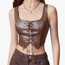 MakeMeChic Women's Faux Leather Top Sleeveless Lace Up PU Leather Crop Tank Top Vest, Size M