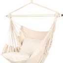Highwild Hammock Chair Hanging Rope Swing - Max 500 Lbs - 2 Cushions Included - Steel Spreader Bar with Anti-Slip Rings - for Any Indoor or Outdoor Spaces (Beige)