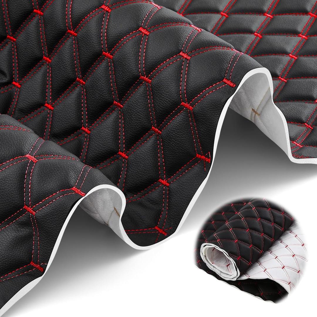 SmoothNovelty 1.1 Yards Diamond Quilted Vinyl Headliner Material 55 in Wide Faux Leather with Foam Backed 2" x 3" Diamonds Pattern Fabric for Car Furniture Upholstery(Black, Red Thread)