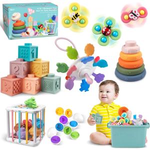 Baby Toys for 6 to 12 Months, Montessori Sensory Bins & Teething Toys, 6 in 1 Stacking Blocks, Rings, Eggs, Spinner, Crab Shape, 27 Pieces, Ages 6-36 Months
