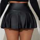 OYOANGLE Women's Pu Leather Elastic High Waist Skorts Ruffle Hem Casual Flared Skirt Shorts (Black, XL)