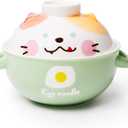 Ceramic Ramen Bowl with Lid and Handle, Microwaveable Ramen Cooker for Noodle, Pho, Soup, and Pasta, Dishwasher Safe and Portable, Ideal for Home, Office, Dorm, or Gift, 32OZ(Cat)