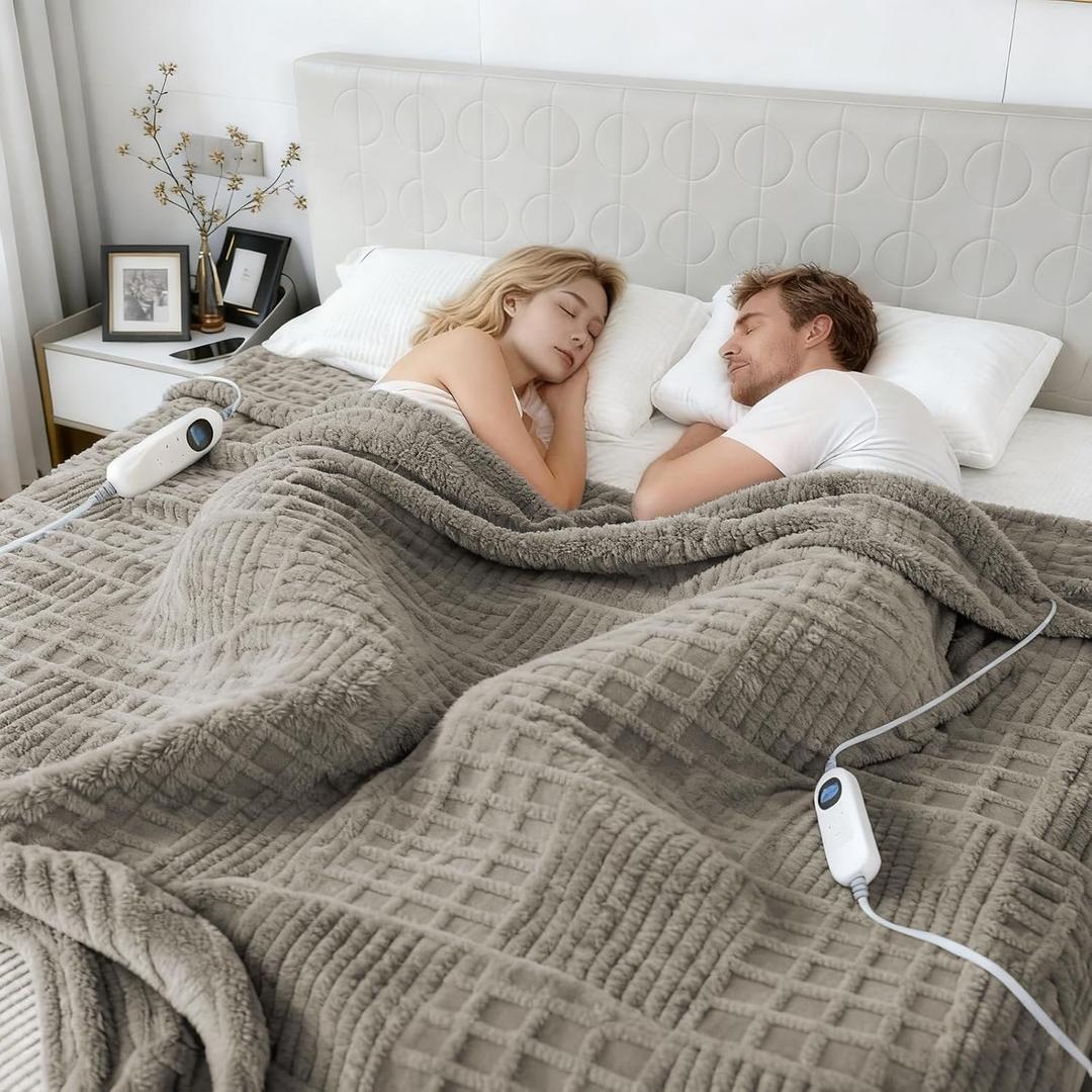 Eastsora Heated Blanket Queen, 84"x90" Electric Blanket Heating Waffle with Dual Controllers, Fast Heating with 12 Heat Levels & 12 Hours Auto Off, with ETL & FCC for Bed (Light Gray)