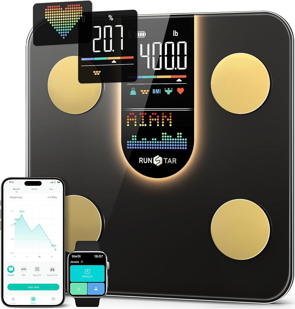 Runstar Scale for Body Weight, Smart Scale with 8-in-1 VA Display, High Precision Bathroom Digital Scale for Body Weight Heart Rate BMI Body Fat 22 Body Composition Sync APP, FSA HSA Eligible (Black-brown)