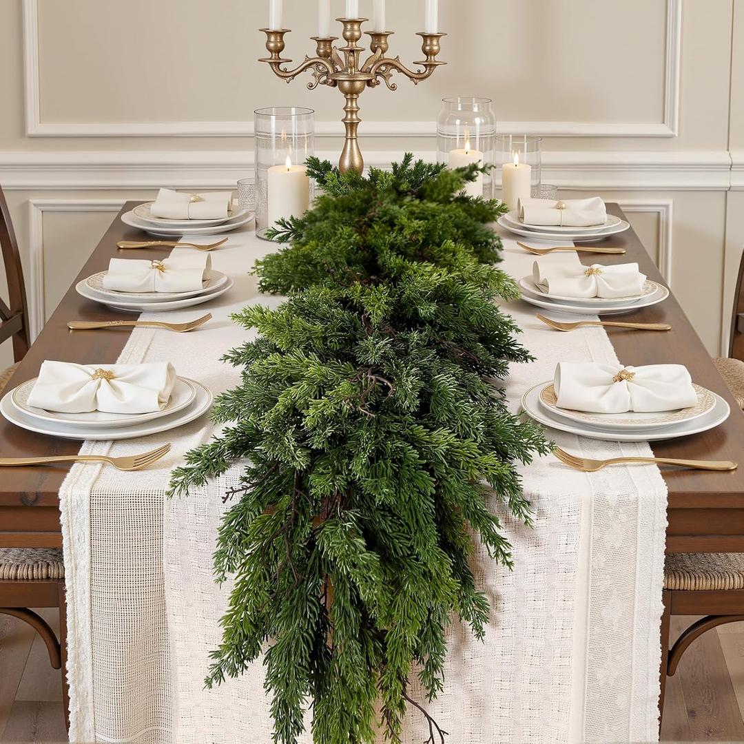 6FT Artificial Christmas Garland, Cedar Garland -Real Touch Greenery Cypress Pine Garland for Mantle Table Railing Fireplace Indoor & Outdoor Christmas Decorations