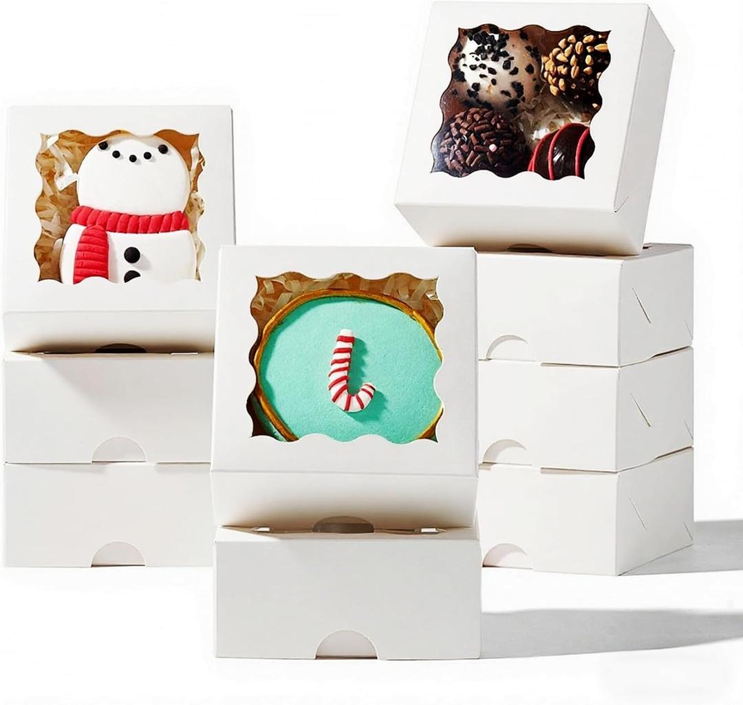 RomanticBaking 3.2" x 3.2" x 1.5" 100PCS Cookies, Soap, Chocolate Truffle, Donut, Macaron, Mini Bakery Boxes with Window (White)