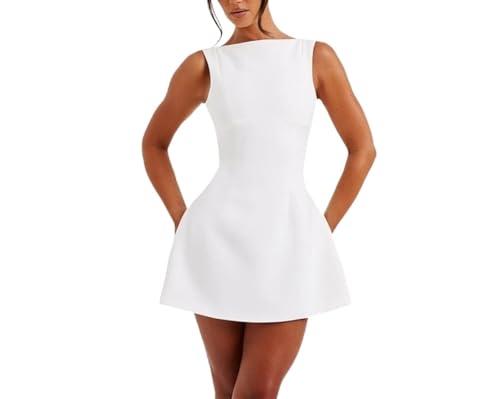 BNGD Women's Backless Vest Basic Dress Sexy Slim Short Dress, White, 