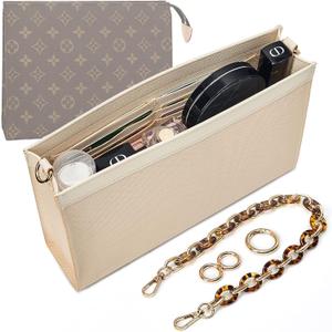 Vercord Purse Insert Organizer 26 Toiletry Pouch Insert with Leopard Acrylic Chain Strap Beige, Large 