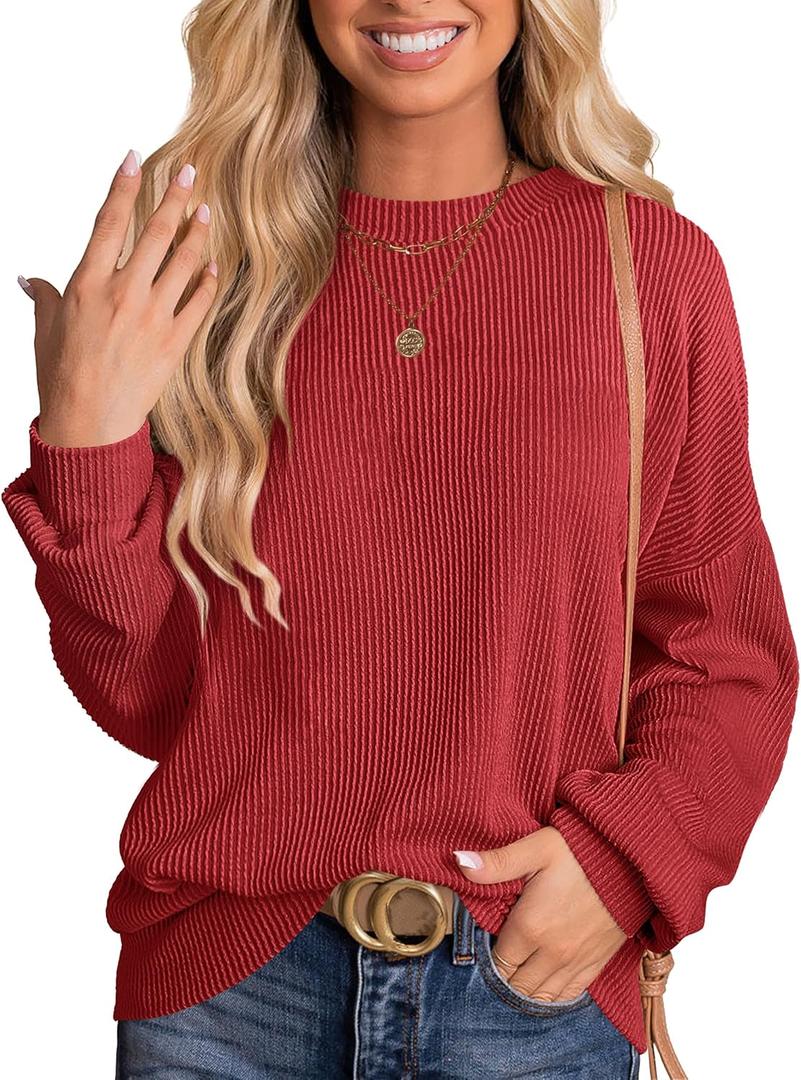 ANRABESS Womens Oversized Long Sleeve Shirts Ribbed Knit Tunic Tops Side Spilt Casual 2025 Fall Outfits (Medium, Red)