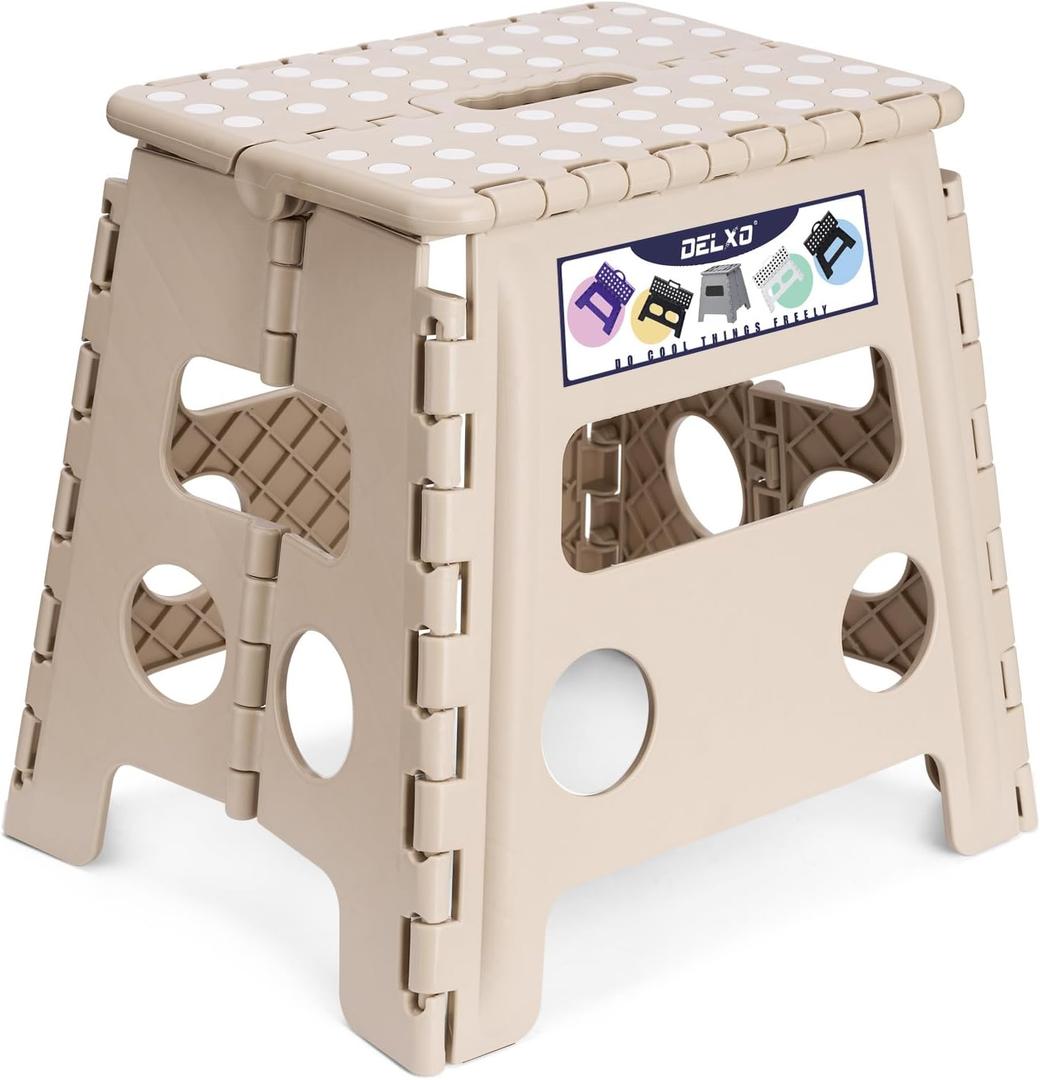 Delxo Office Step Stool, 13 inch Non-Slip Foldable Stools for Adults Up to 300 LBS, Step Stool with Handle, Lightweight for Kitchen, Bathroom, Bedroom, Office, Khaki, 1PC