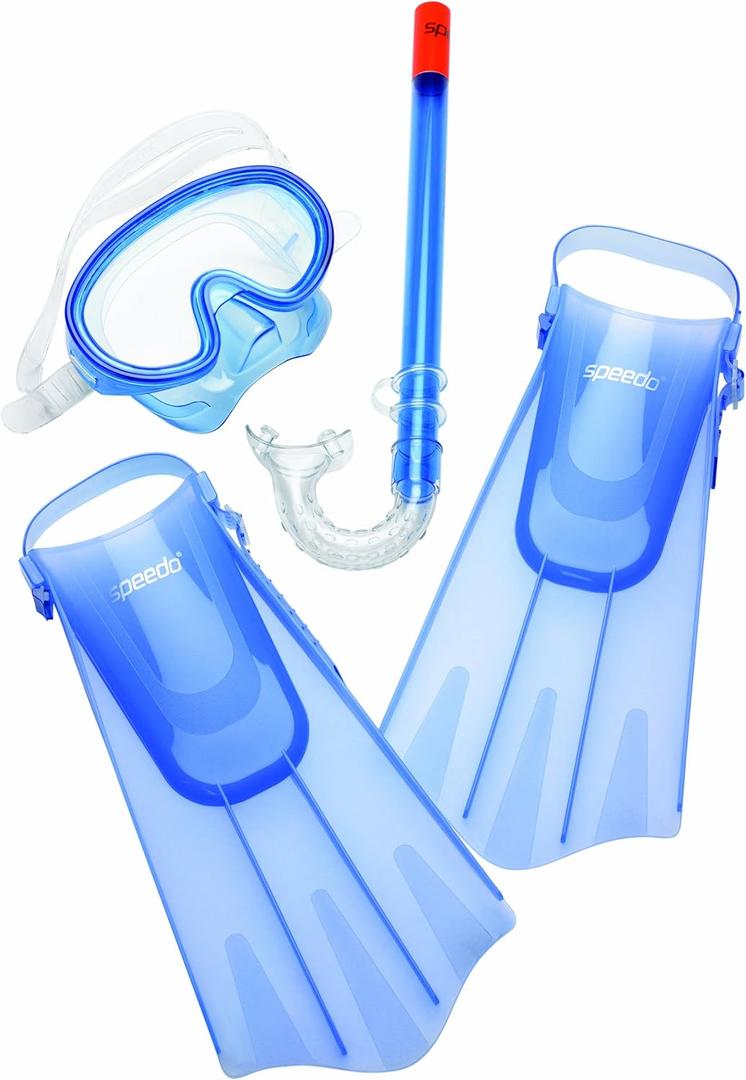 Speedo Aqua Quest Swim Mask, Snorkel & Fins Set (Small/Medium, Blue Ocean)