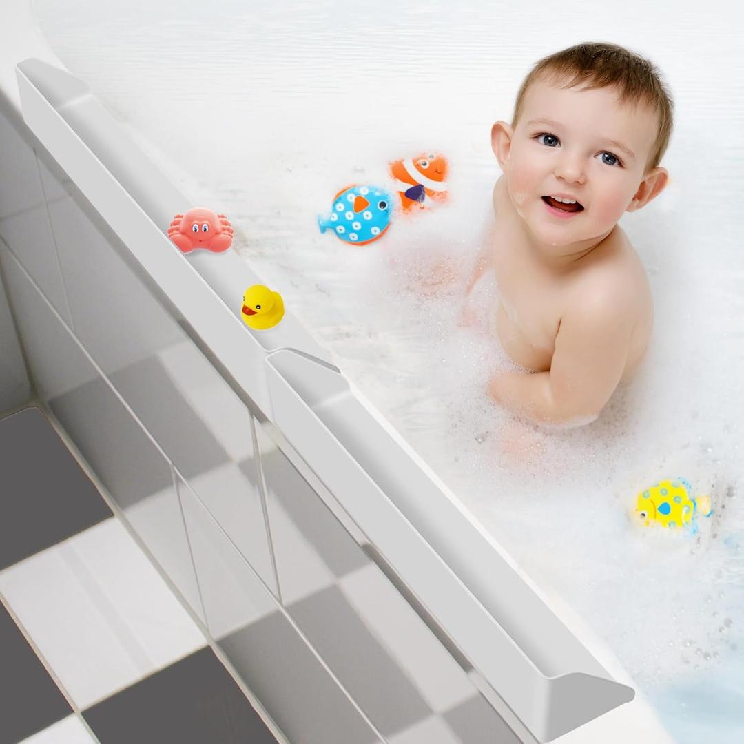 Splash Guard for Bathtub, 3.8" x 3.6" Silicone Bath Tub Splash Guard with 6 Suction Cups, Bathtub SplashGuard Play Shelf Area for Kids with 3Drainage Slope for Faster Drying - 2 Packs White