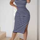 Women's Casual Spring Summer Stylish Striped Round Neck Sleeveless Knitted Slit Midi Dress Deep Blue (Blue, L)