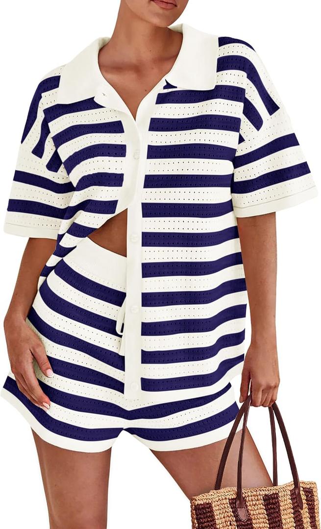 PRETTYGARDEN Women's 2 Piece Shorts Sets Casual Summer 2025 Short Sleeve Striped Sweater Set Matching Beach Vacation Outfit (S)