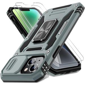 DEERLAMN Case for iPhone 13/iPhone 14 6.1-Inch with Slide Camera Cover+Screen Protector(2 Packs),Rotated Ring Kickstand Military Grade Shockproof Protective Cover-Grey
