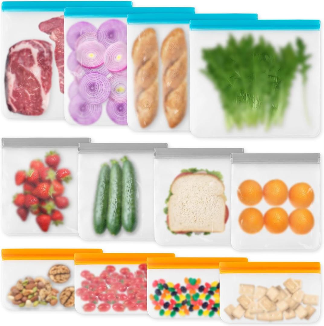 12 Pack Reusable Freezer Bags Dishwasher Safe, Leakproof Food Storage Bags, Silicone Bags for Food Storage Home Organization (4 Reusable Snack Bags 4 Sandwich Bags 4 Gallon Freezer Bags) (Frosted Clear)
