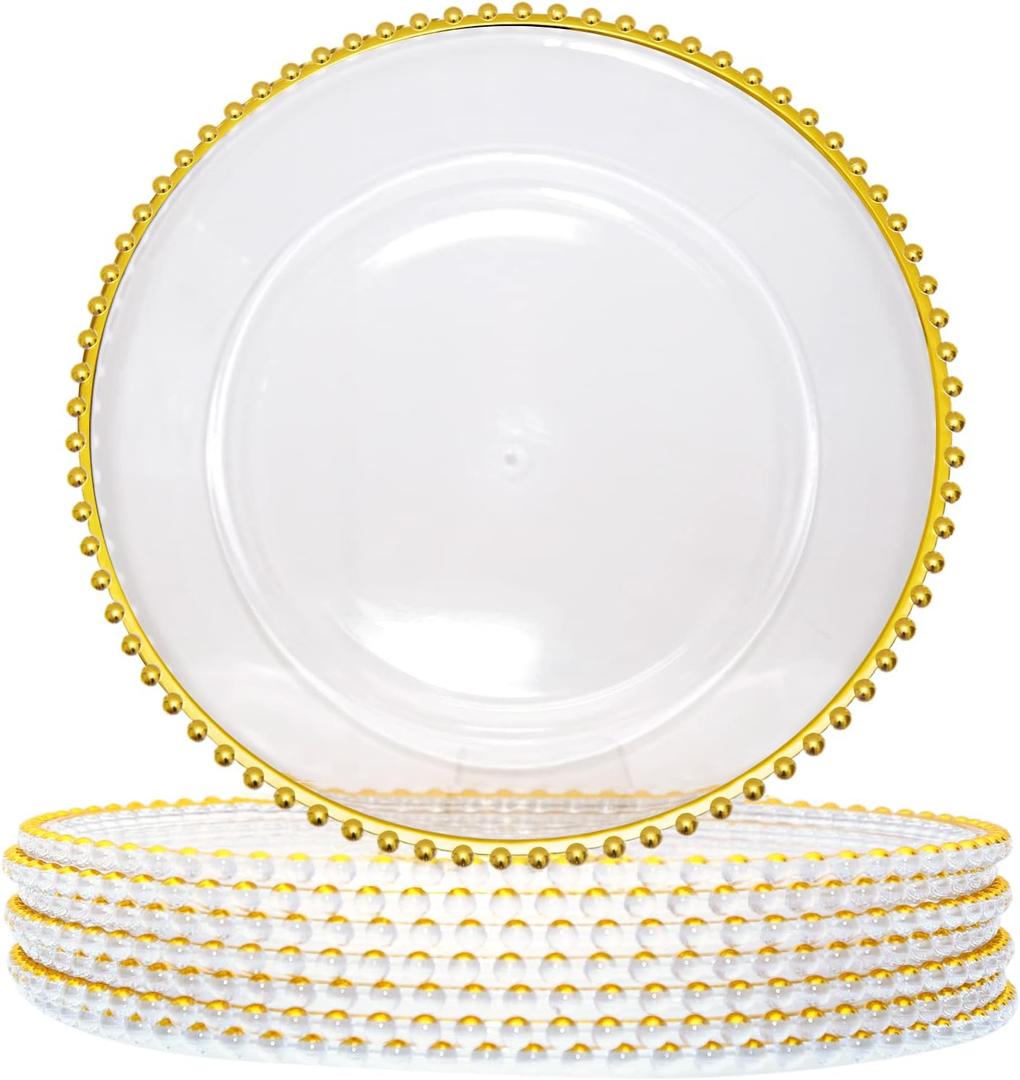 Plastic Acrylic Charger Plates 10PCS, 13" Decoration Diner, Wedding, Party, Event, (Gold Bead 10)