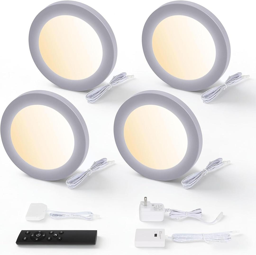 V4light Smart Puck Lights 4 Pack, Plug-in Under Cabinet Lighting for Kitchen, Closet & Shelf, App, Voice & Hand Control, Works with Alexa & Google Home, Dimmable & Adjustable Warm to Cool White Light (Gray)
