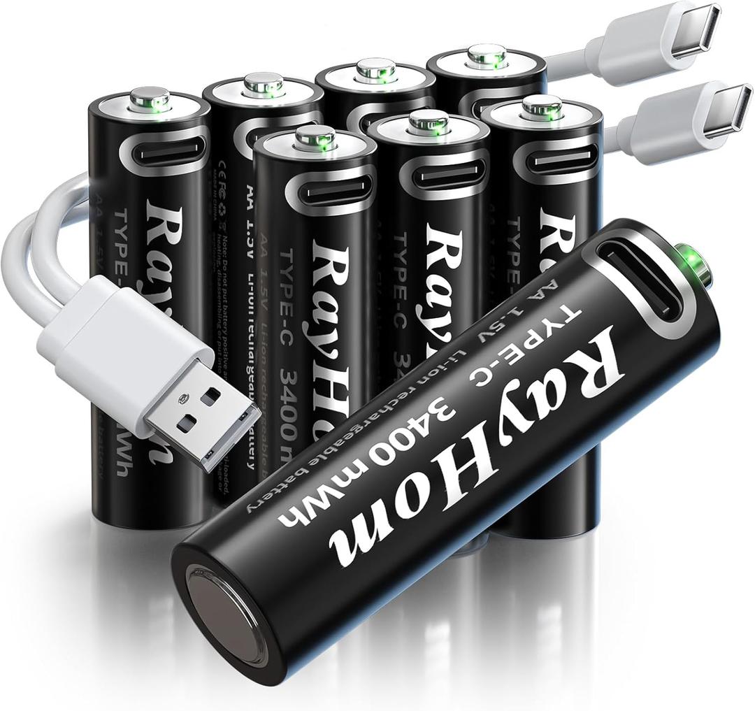 USB Rechargeable Lithium Batteries AA - 8-Pack Double A Batteries, Rechargeable AA Li-ion Battery with 2 USB-C 2-in-1 Charging Cable, 1.5V 3400mWh, Charges 1.5 Hours, Over 1000+ Cycles (Li-ion-8 Pack)