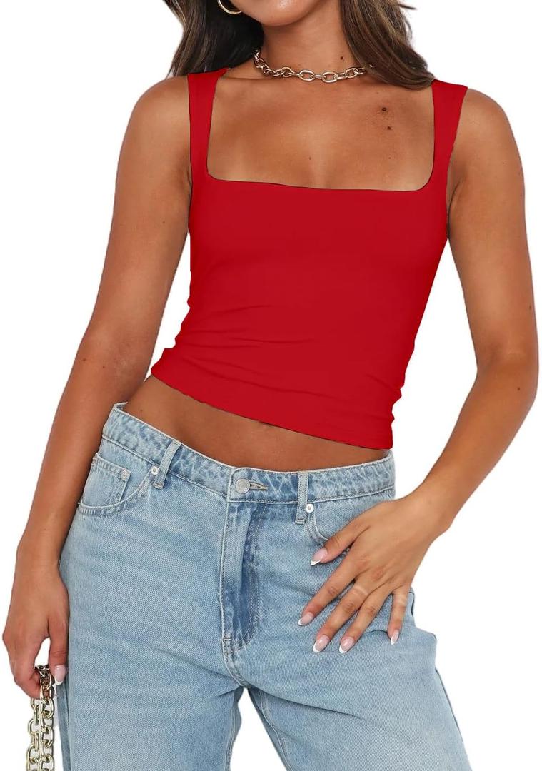 Chifeey Womens Sexy Crop Top Summer 2025 Square Neck Sleeveless Double Layer Going Out Tank Tops (Medium, Big Red)