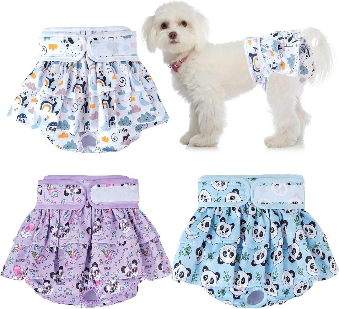 Washable Dog Diapers Female, 3 Pack Premium Reusable Doggie DiapersHigh Absorbency Leak-Proof Puppy Diapers for Female Dog in Heat, Period, Incontinence, Excitable Urination Girl Dog Diapers Dress (Small)
