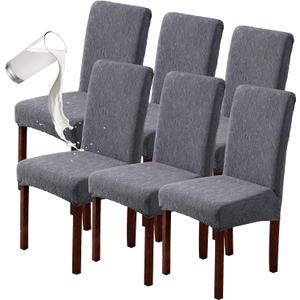 Genina 100% Waterproof Dining Room Chair Covers Set of 6 Stretch Kitchen Chair Covers Parsons Chair Slipcovers for Dining Room Chair Protector Cover, Removable, Washable (Leaf Pattern-Dark Gray, L)