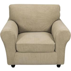 FUANGUI 2 Piece Chair Covers Stretch Arm Covers Chair Couch Covers, Armchair Slipcover with Separate Chair Cushion Cover, Floral Washable Chair Protector for Living Room (Armchair, Khaki) (Small)