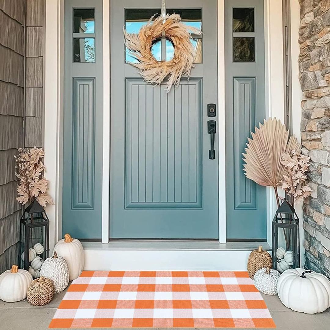 MUBIN Cotton Orange and White Plaid Rug, 27.5" x 43" Fall Outdoor Front Door Decorative Mat, Hand-Woven Rug for Layered Door Mats Washable Carpet for Porch, Entryway, Farmhouse, Autumn, Halloween