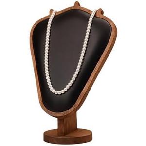 SWTOOL Walnut Color Body Wood Necklace Display Stand with Black Leather Soft Mat Necklace Holder Organizer Desktop Stand for Home Store Dresser-4.45"x8.4"x12"