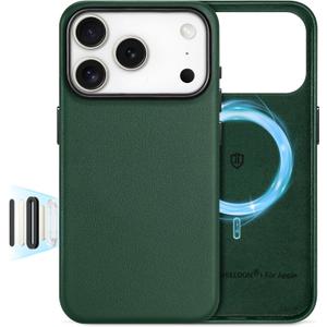 SHIELDON Genuine Leather Case for iPhone 17 Pro 6.3" 2025 | Compatible with Magsafe, Camera Button Updated, Magnetic Wireless Charging, Slim Fit, Shockproof, Metal Button, Protective Cover - Evergreen