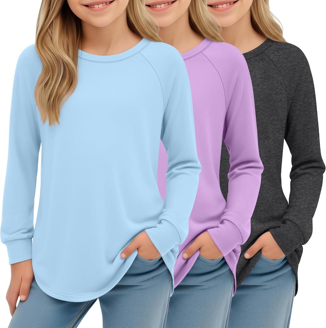 3 Pack Girls Long Sleeve Shirts Kids Crewneck Curve Hem Casual Tops Raglan Sleeve Athletic Comfy Pullover Tees (7-8 Years, Heather Gray, Light Blue, Taro Purple)