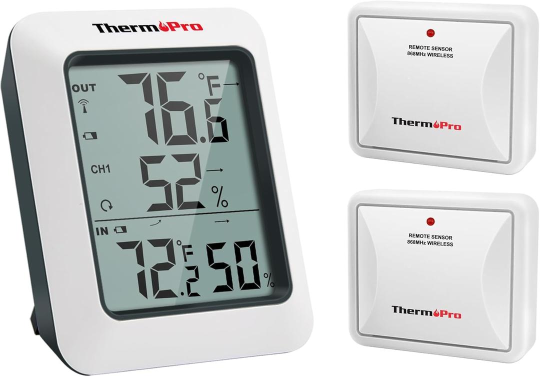 ThermoPro TP60-2 Digital Hygrometer Indoor Outdoor Thermometer Wireless Temperature and Humidity Gauge Monitor Room Thermometer with 500ft/150m Range Humidity Meter (White-2 Sensor)
