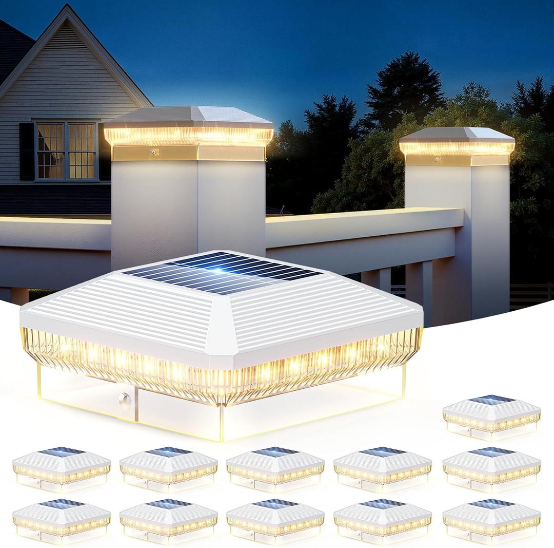 LETMY 12 Pack Solar Post Cap Lights Outdoor, 40 Brighter LEDs 4x4 Fence Post Solar Lights Outdoor with 3 Modes, Waterproof Deck Fence Cap Light Solar Powered for 3.5x3.5 4x4 Vinyl Wooden Posts (White)