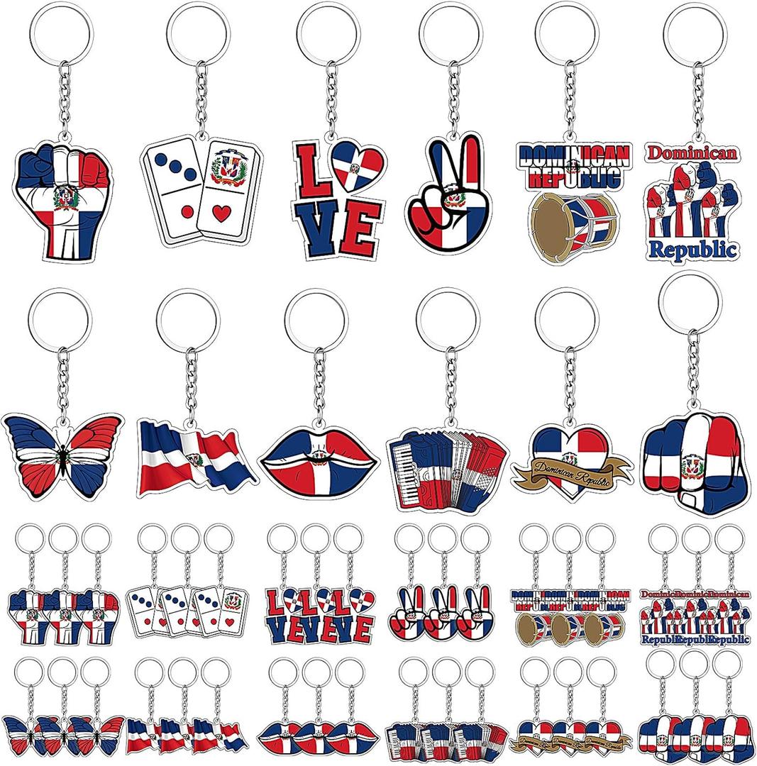 Kigeli 36 Pcs Dominican Republic Acrylic Keychains Dominican Flag Souvenirs Keepsake Gift Bulk National Day Party Favors Decorations for Friends Men Women Bag Charm National Day Supplies Travel Gift