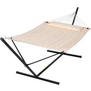 SUNCREAT Double Outdoor Hammock with 15 ft Stand, Standing Patio Hammocks for Outside, Beige