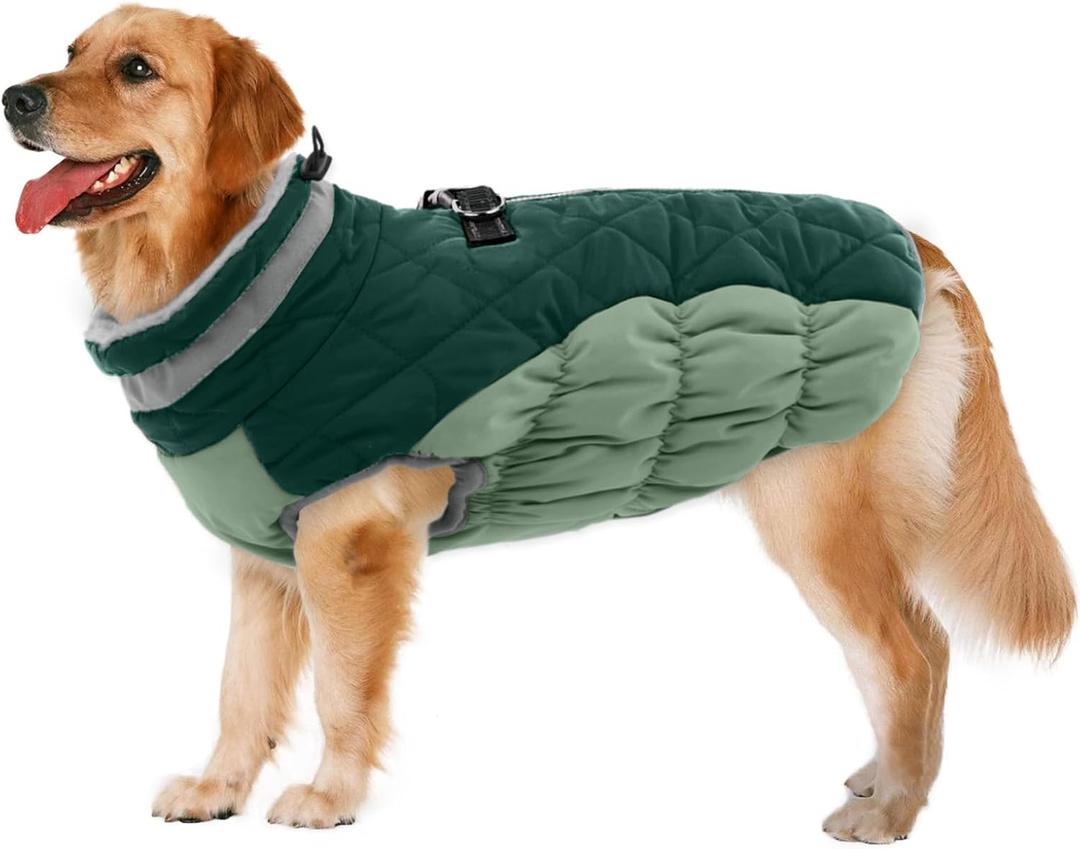 Lelepet Warm Dog Winter Coat Dog Coats for Large Dogs Waterproof Dogs Jacket with Harness Built in Reflective Cold Weather Coats Windproof Zip-Up Winter Fleece Vest Snowsuit Pitbull Teal Green XXL