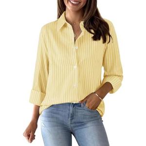 Aoudery Womens Button Down Shirts Cotton Striped Dress Shirt Long Sleeve Collared Office Work Pinstripes Blouses Tops, Medium