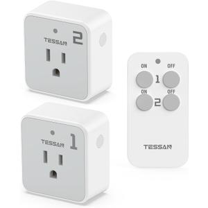 Remote Control Outlet Plug, TESSAN Wireless Light Switch Kit 100ft RF Range, On Off Switch for String Lights, Lamps, Small Appliances, Wireless Power Socket, 15A/1875W (1 Remote and 2 Outlets)