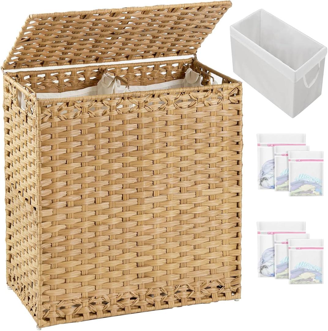 Laundry Hamper with Lid Wicker Laundry Basket 112 L (29.6 Gal) Laundry Hampers Handwoven Rattan Clothes Hamper with Handles 3 Removable Liner Bag, 6 Mesh Bags for Bathroom Bedroom Natural