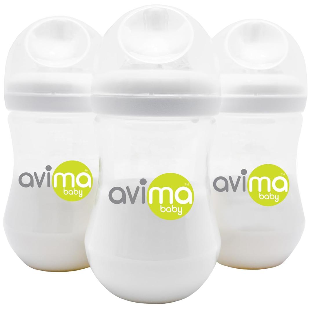 Avima Baby 9 oz Anti Colic Baby Bottles for Breastfed Babies - Medium Flow Nipples, Wide Neck Bottle, BPA Free - 3-6 Months, Stage 2 (Set of 3) (1 Count (Pack of 3), Clear, 9 Ounce)
