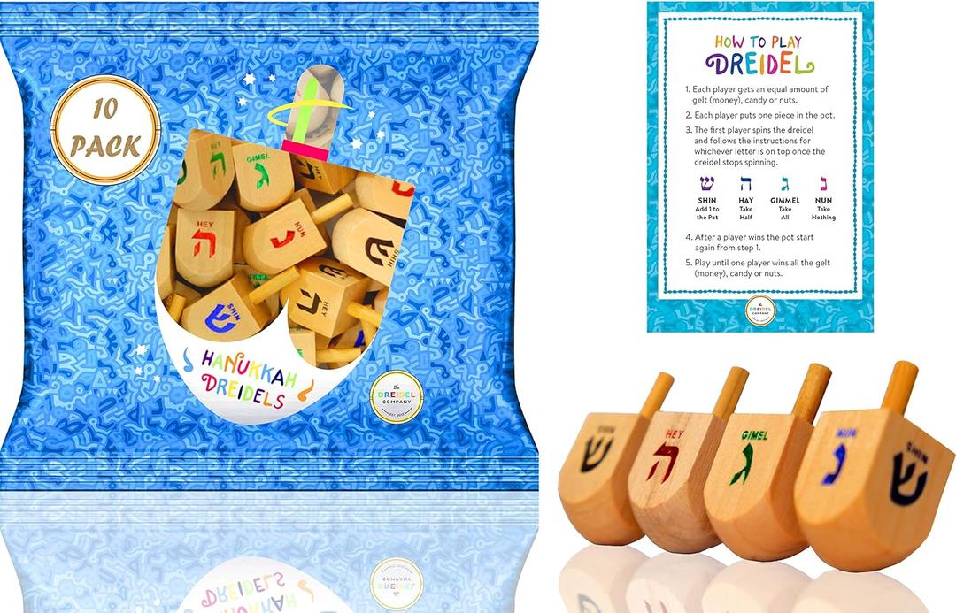 10-Pack Natural Wood Dreidels Hanukkah Draydel with English Transliteration & Instruction Cards