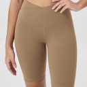 ODODOS Women's Crossover Yoga Shorts with Back Pocket, 8" Buttery Soft V High Waist Lounge Biker Shorts, Light Brown, Large (L)
