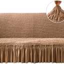 Qubjus Stretch Sofa Slipcover Sofa Covers Washable Couch Sofa Bed Cover Easy Fit Furniture Protector with Elastic Bottom and Skirt (Brown, Extra Large)