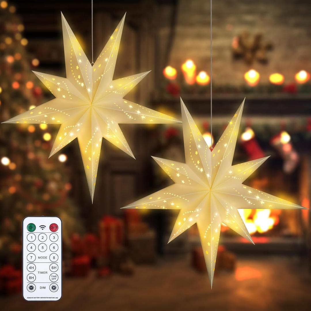 2 Pack 27 Inch Paper Star Lantern, 8 Modes 9-Pointed Star Diwali Hanging Lights, 3D Moravian Star, Christmas Decorations Lamp Indoor for Birthday Wedding Party, White