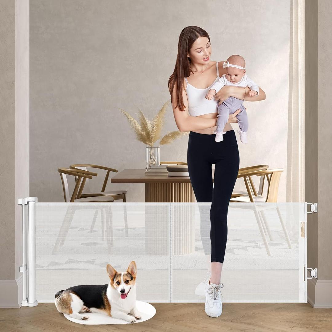 Reinforced 24 Inch Tall Retractable Baby Gates for Dogs, Short Dog Gates to Step Over, Expands 0-55 Inches Wide, Mesh Pet Gate with Support Rods, Small Puppy Gates for the House, White
