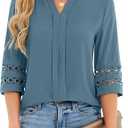 Funlingo 3/4 Length Sleeve Womens Tops V Neck Dressy Casual Blouses Lace Tunic Pleated Shirts Business Casual Outfits 2026 (Blue, XL)