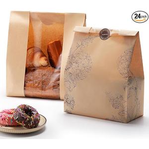 24 Pack Paper Bread Bags for Homemade Bread and Sourdough, 50% Thicker Large Kraft Loaf Bags with Clear Window for Bakery Packaging & Storage, Includes Sealing Stickers