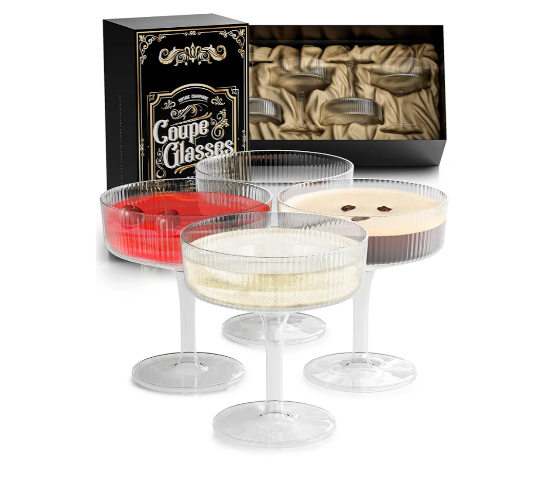 Champagne Coupe Glasses Set of 4 - Expresso Espresso Martini Glasses, Ribbed Coupe Cocktail Glasses, Vintage, Crystal